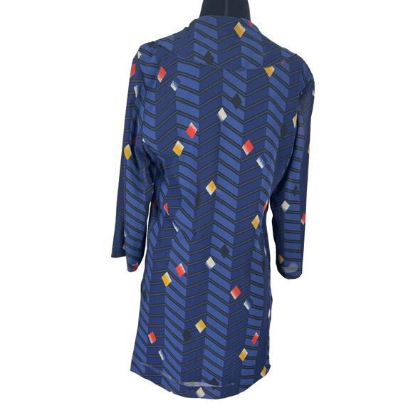 Vintage 80s Geometric Chevron Tunic Blouse Sheer Panels Blue Art Deco Pattern L - Picture 5 of 16